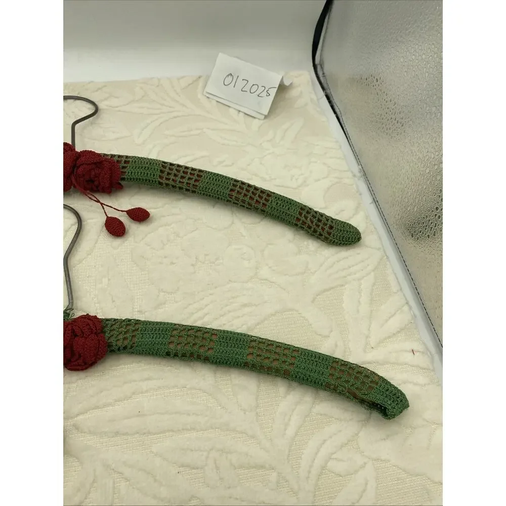 Antique Handmade set of 2-crochet Green Lace W/Red Roses Covered Wood Hangers